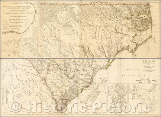 Historic Map - An Accurate Map of North and South Carolina With Their Indian Frontiers, 1777, George Louis Le Rouge - Vintage Wall Art