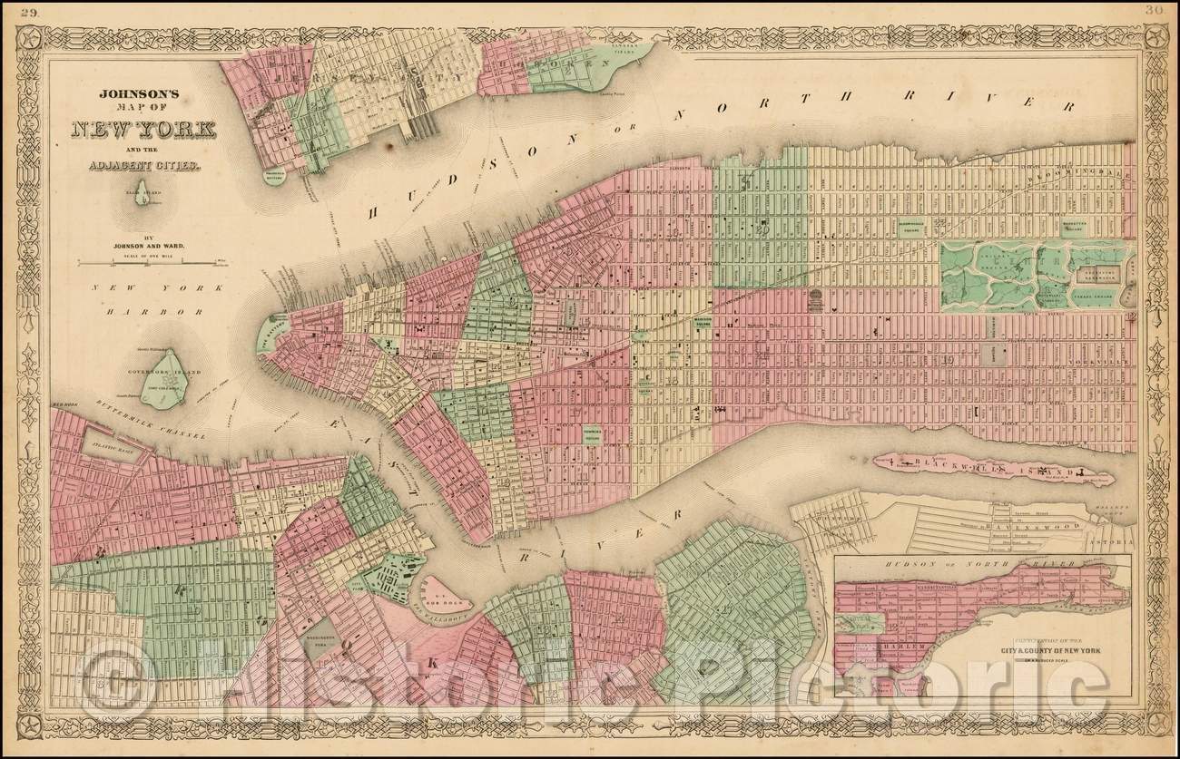 Historic Map - Johnson's Map of New York and the Adjacent Cities, 1864, Benjamin Ward - Vintage Wall Art