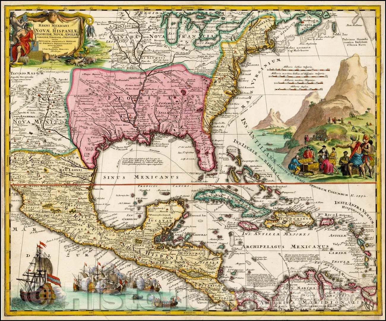 Historic Map - Regni Mexicani seu Novae Hispaniae, Floridae, Novae Angliae, Carolinae, Virginiae, 1720, Johann Baptist Homann v3
