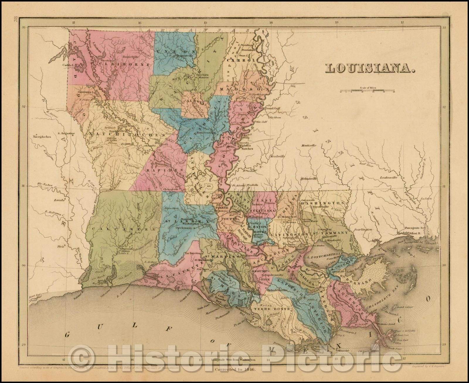 Historic Map - Louisiana, 1841, Thomas Gamaliel Bradford - Vintage Wall Art
