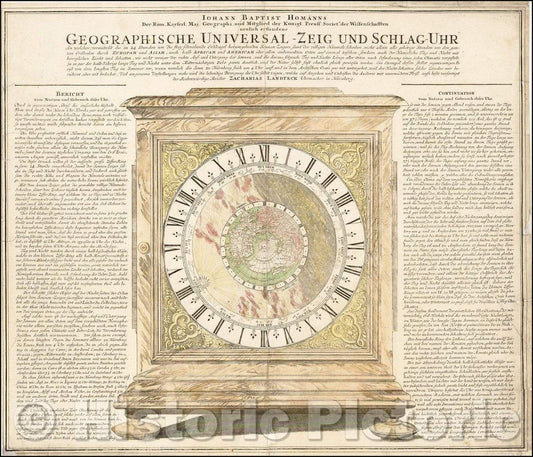 Historic Map - Geographische Universal-Zeig Und Schlag-Uhr :: Celestial chart clock designed to show how the sun's light moves about the earth, 1740 - Vintage Wall Art