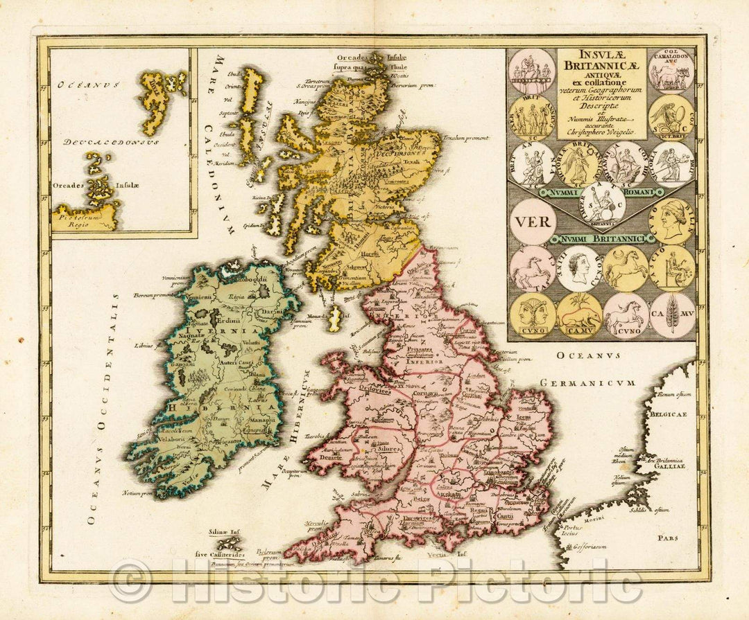 Historic Map - Insulae Britannicae Antiquae ex collatione/Map of the British Isles, Roman Empire, decorated with a vignettes and 19 medallions, 1718 - Vintage Wall Art