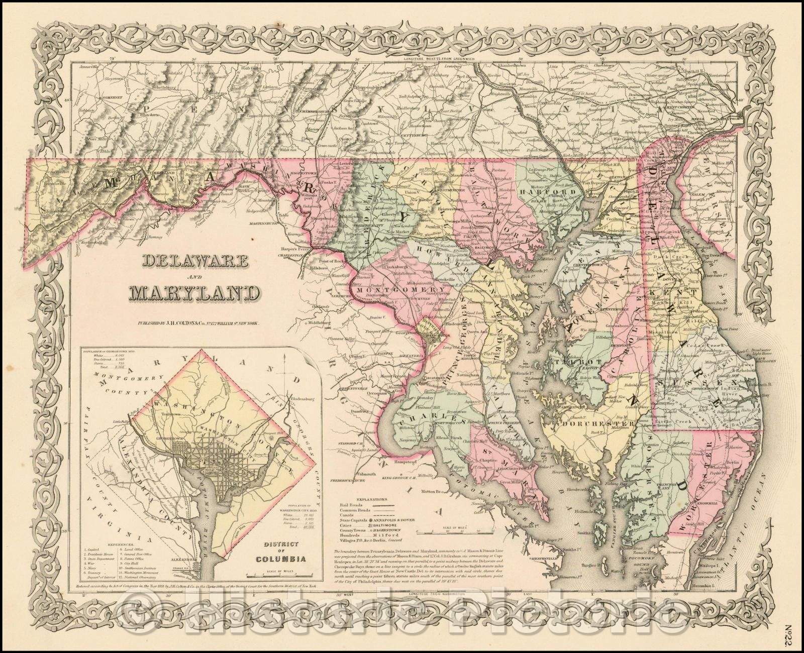 Historic Map - Delaware and Maryland [with large District of Columbia Inset], 1855, Joseph Hutchins Colton v1