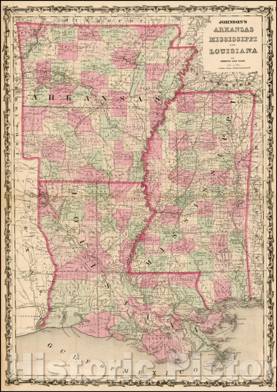 Historic Map - Johnson's Arkansas, Mississippi and Louisiana, 1862, Benjamin Ward - Vintage Wall Art