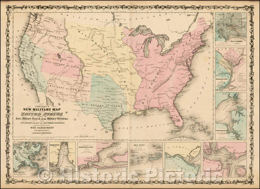 Historic Map - Johnson's New Military of the United States Forts, Military Posts & all the Military Divisions with Enlarged Plans of the Southern Harbors, 1861 v1