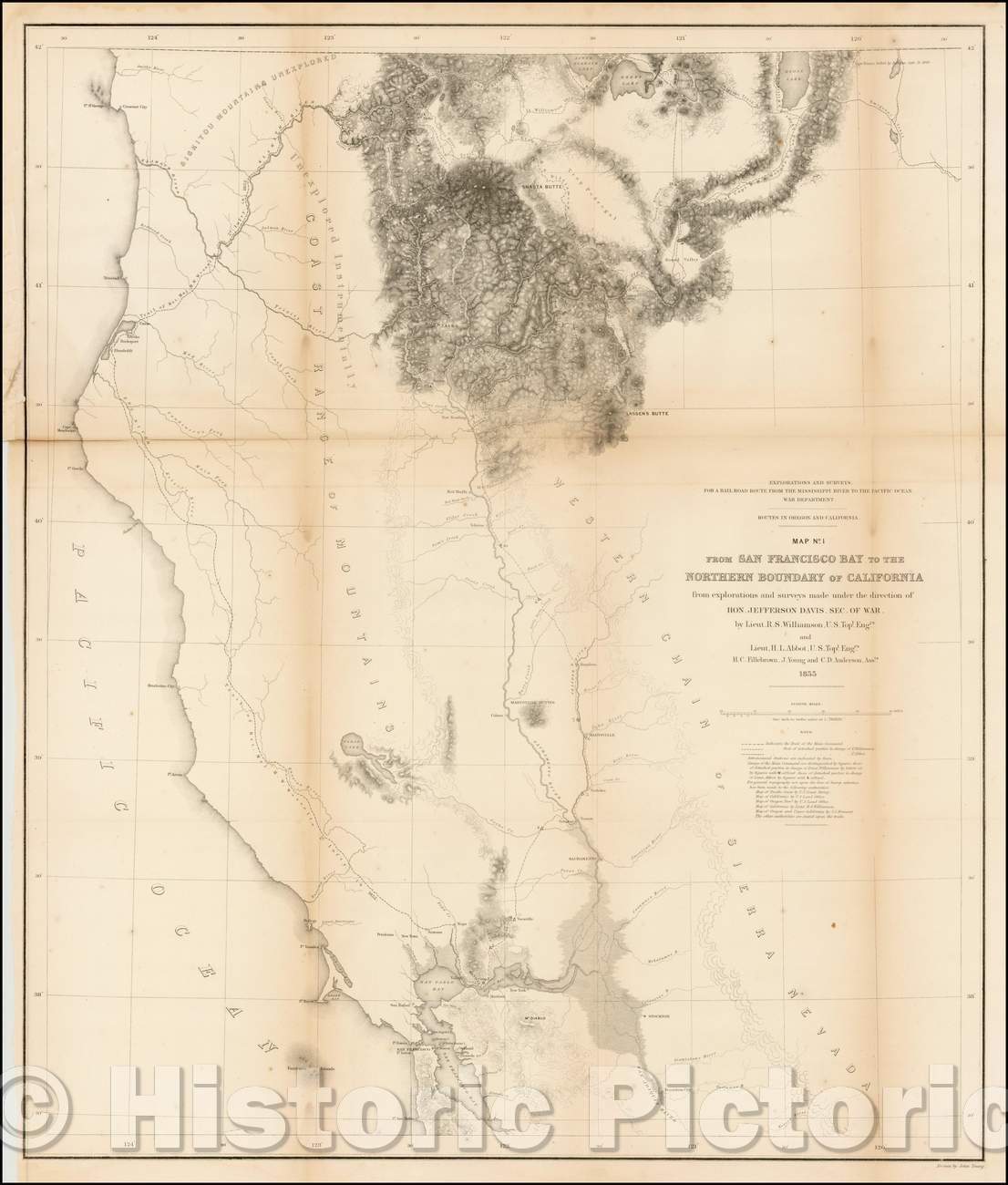 Historic Map - Routes in Oregon and California. Map No. 1. From San Francisco Bay to the Northern Boundary of California, 1855, U.S. Pacific RR Surveys - Vintage Wall Art