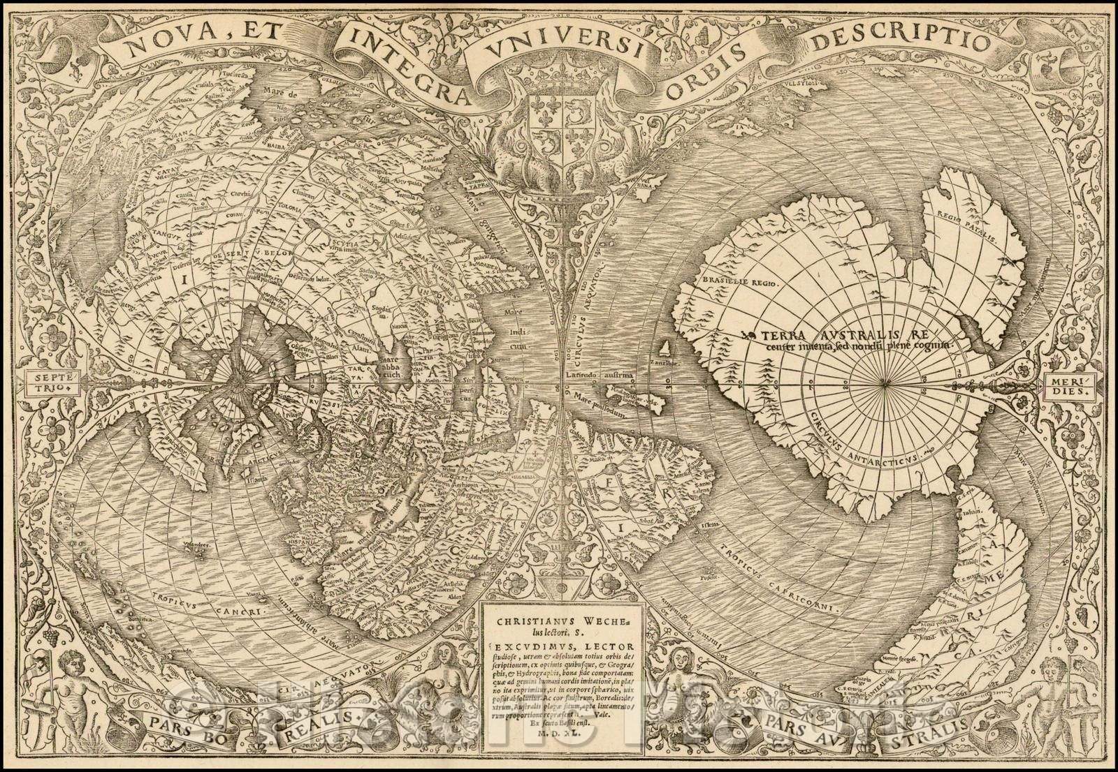 Historic Map - Nova, et Integra Universi Orbis Descr/Double cordiform Map of the World, 1540, Oronce Fine - Vintage Wall Art