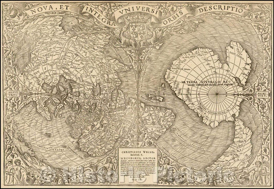 Historic Map - Nova, et Integra Universi Orbis Descr/Double cordiform Map of the World, 1540, Oronce Fine - Vintage Wall Art