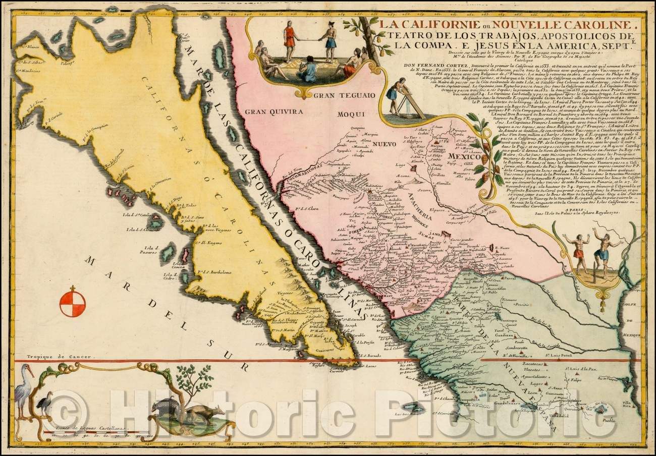 Historic Map - La Californie ou Nouvelle Caroline, Teatro De Los Trabajos Apostolicos De Compa. E. Jusus En Americae Septe, 1720, Nicolas de Fer v3