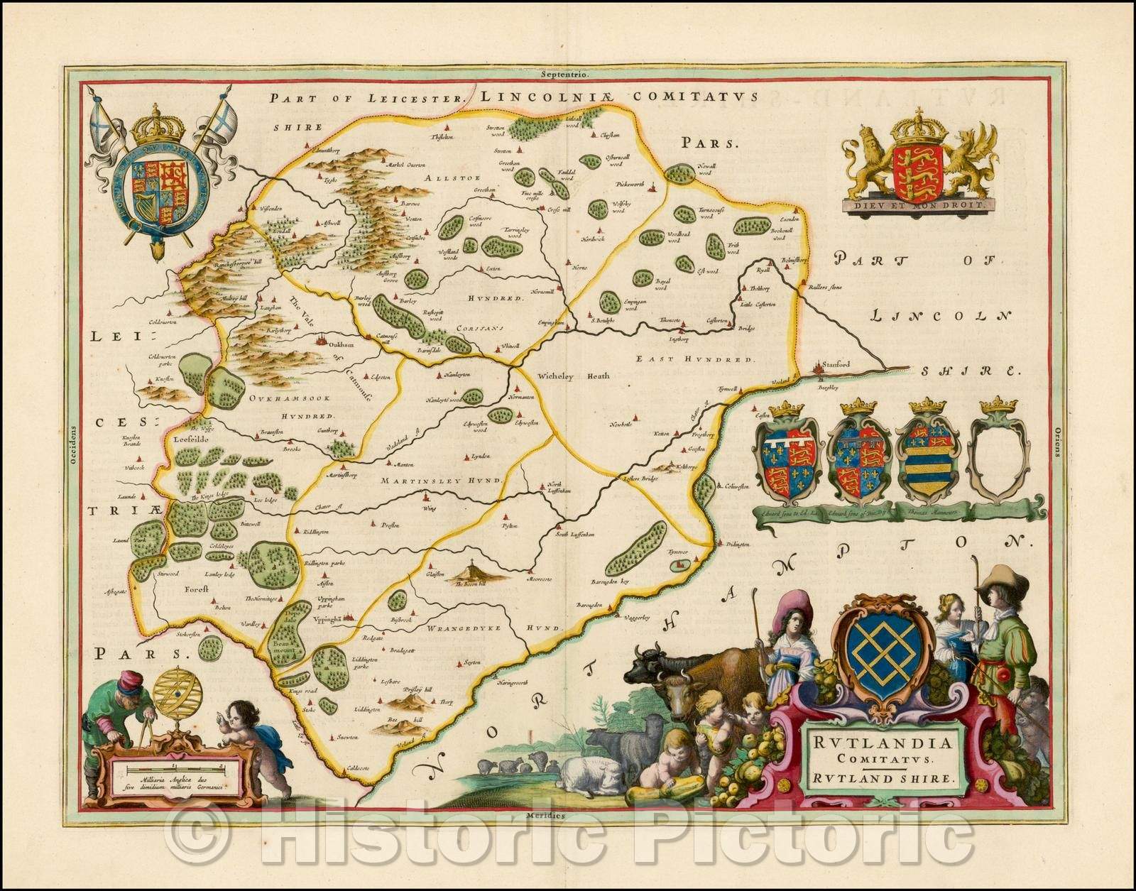 Historic Map - Rutlandia Comitatus. - Rutland Shire (Heightened in Gold!), 1662, Johannes Blaeu - Vintage Wall Art