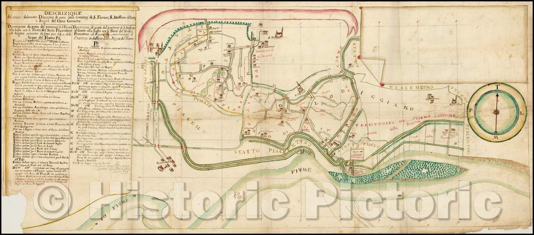 Historic Map - Descrizione del contro Dissegno di parte delli territorij di S. iovano, S. Steffano al Como/Map showing Piacenza on the Po River, 1772 - Vintage Wall Art