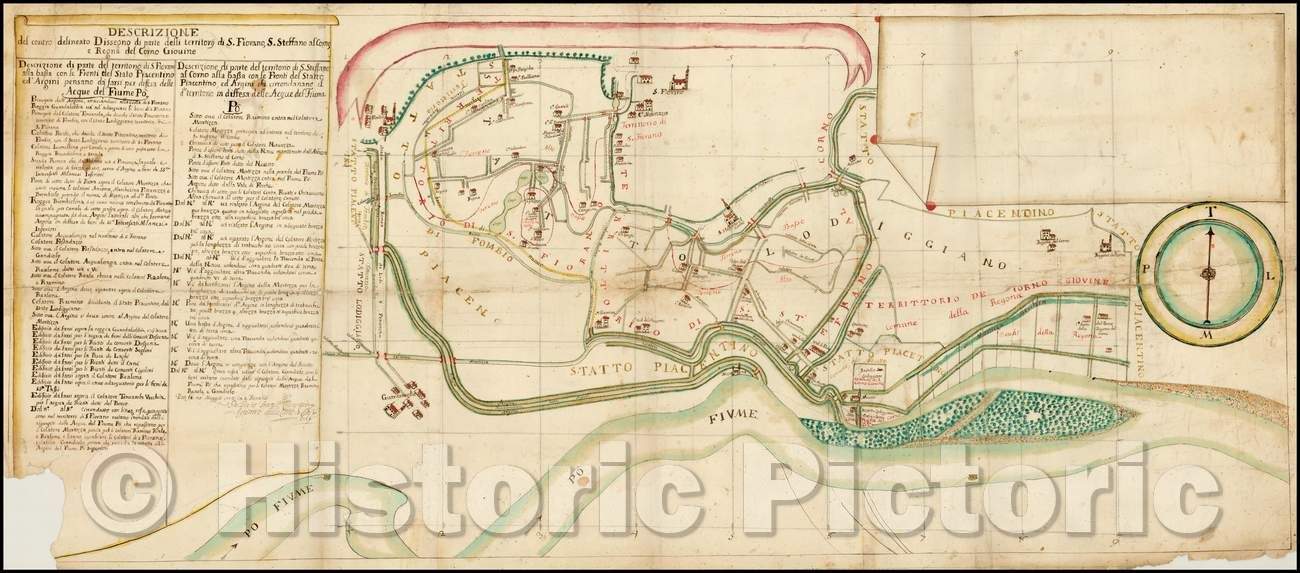 Historic Map - Descrizione del contro Dissegno di parte delli territorij di S. iovano, S. Steffano al Como/Map showing Piacenza on the Po River, 1772 - Vintage Wall Art
