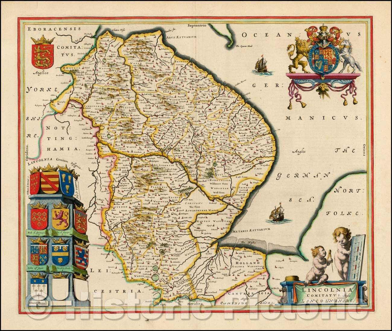Historic Map - Lincolnia Comitatus. Anglia Lincolnshire (Heightened in Gold!), 1662, Johannes Blaeu - Vintage Wall Art