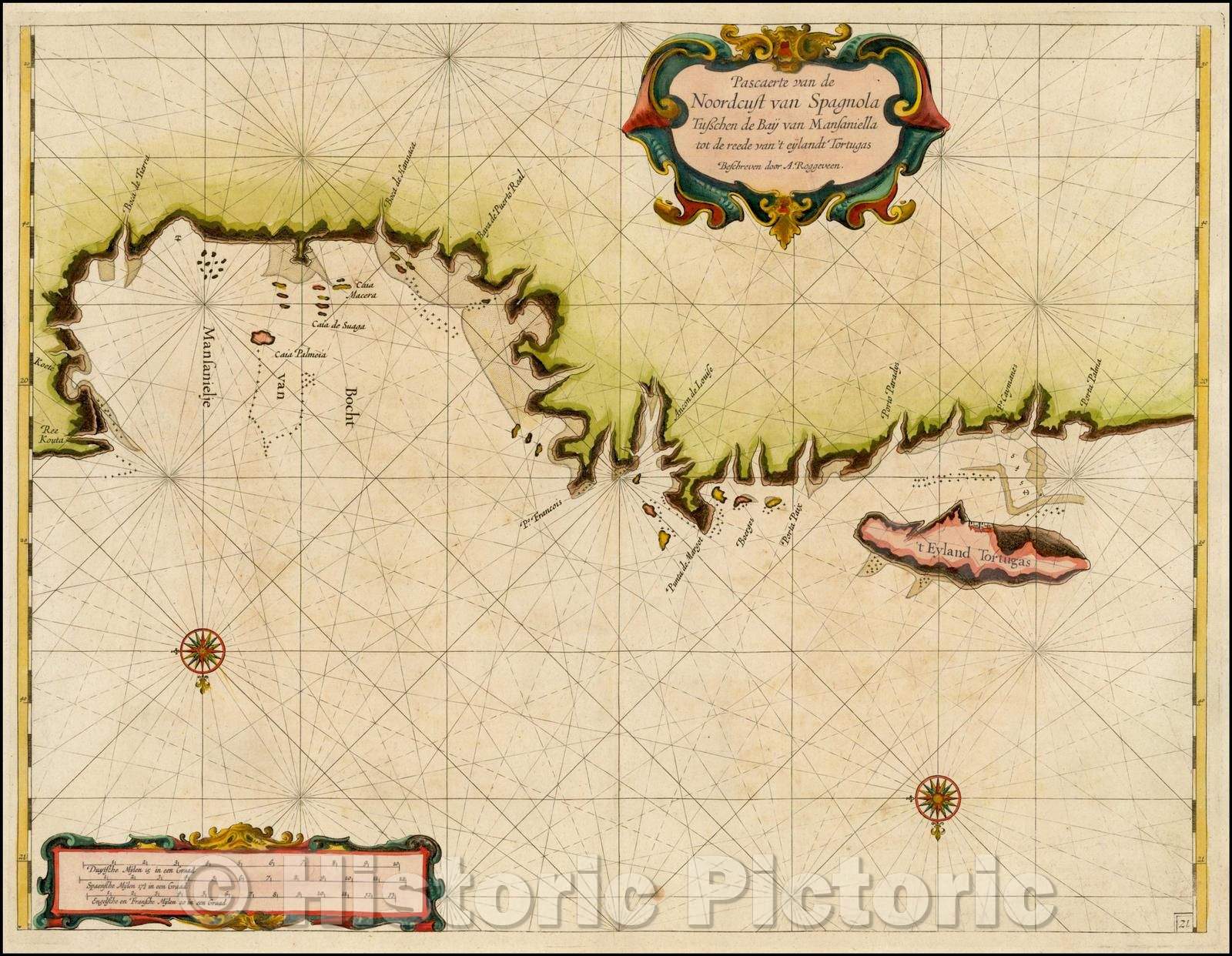 Historic Map - Pascaerte van de Noordcust van Spagnola Tusschen de Baij van Mansaniella tot de reede/Sea Chart by Arent Roggeveen, 1675, Arent Roggeveen - Vintage Wall Art