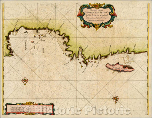 Historic Map - Pascaerte van de Noordcust van Spagnola Tusschen de Baij van Mansaniella tot de reede/Sea Chart by Arent Roggeveen, 1675, Arent Roggeveen - Vintage Wall Art