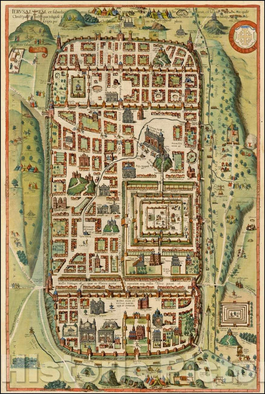 Historic Map - Ierusalem, et Suburbia eius, sicut Tempore Christi Floruit, cum Locis in quibus Christ Passus Descripta per Christianum Adrichom Delphum, 1588 v2