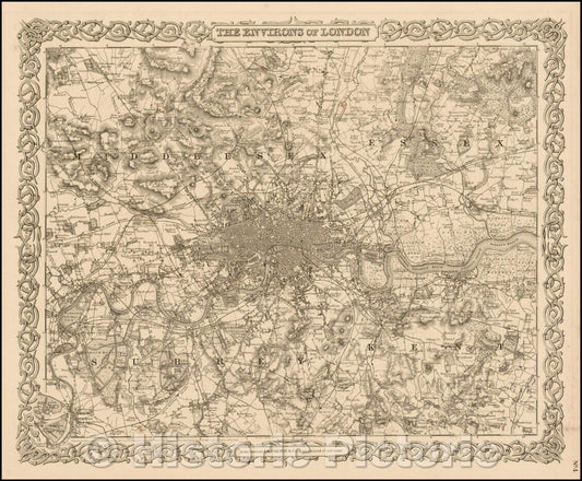 Historic Map - The Environs of London, 1856, Joseph Hutchins Colton - Vintage Wall Art