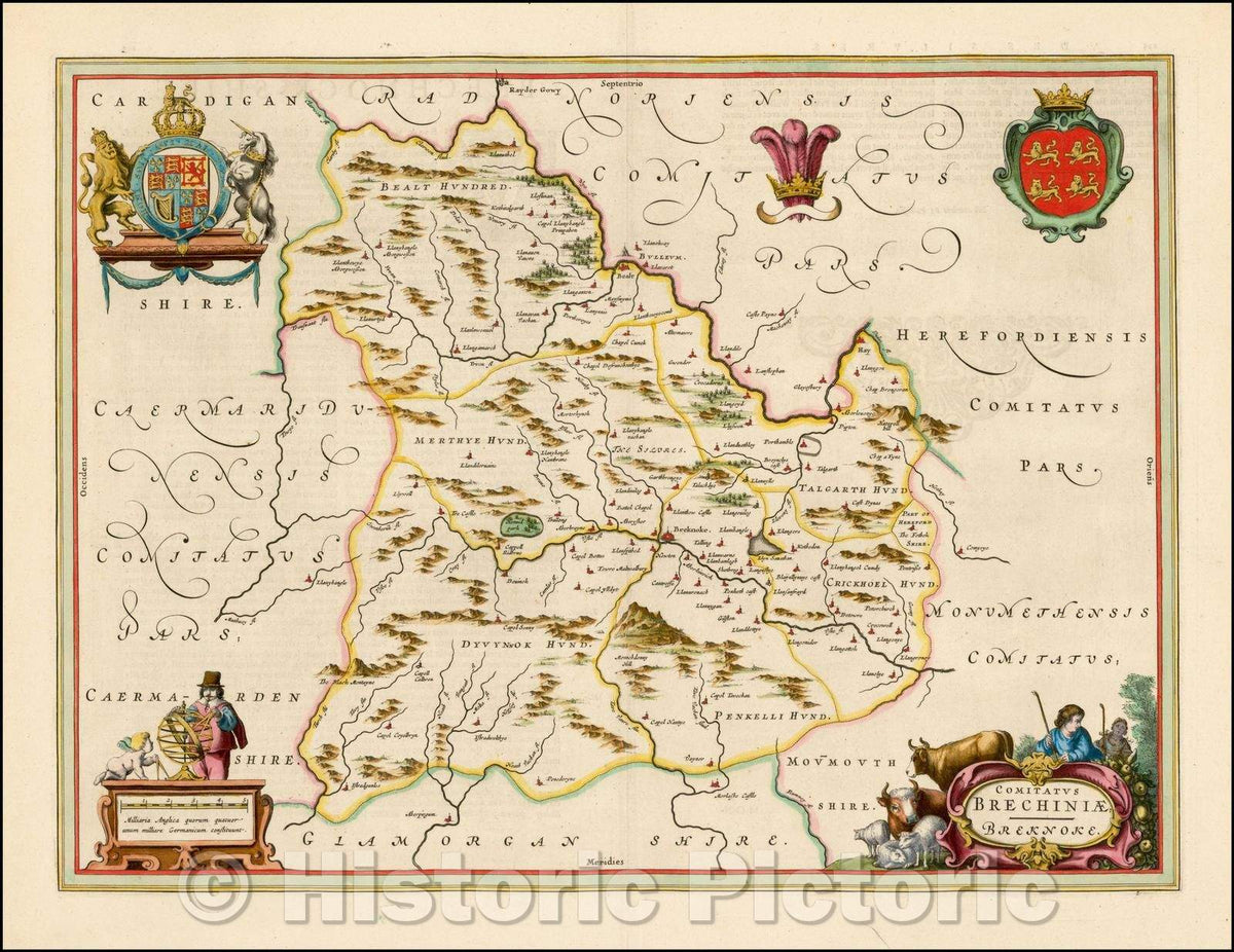 Historic Map - Comitatus Brechniniae Breknoke (Heightened with Gold), 1662, Johannes Blaeu - Vintage Wall Art