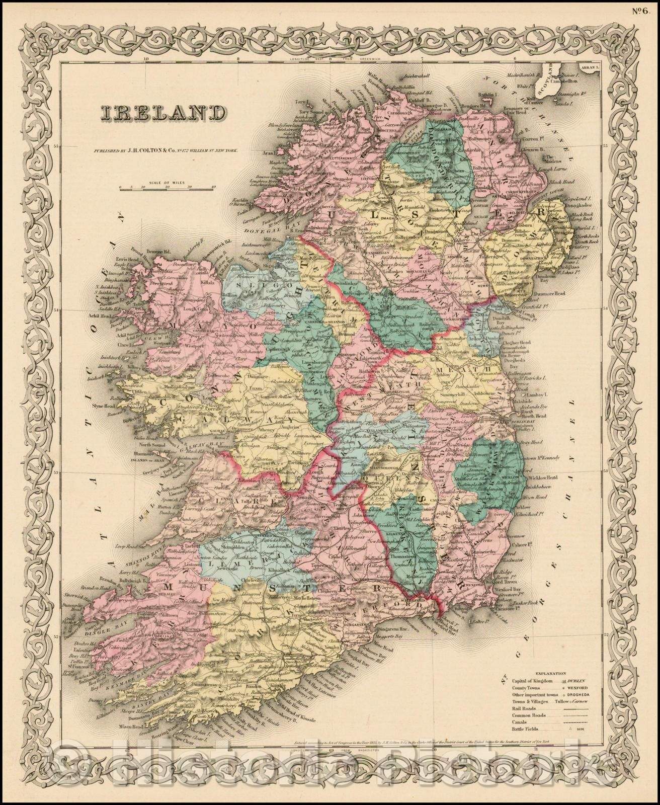 Historic Map - Colton's Ireland, 1855, Joseph Hutchins Colton - Vintage Wall Art