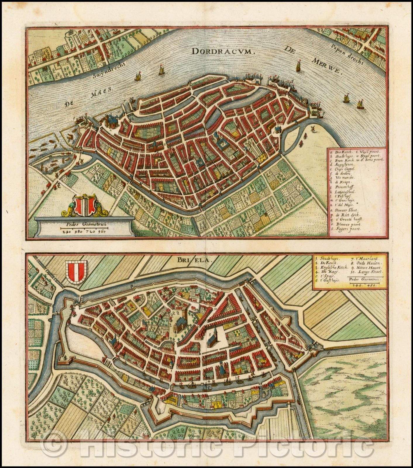 Historic Map - Dordracum (and) Briela, 1638, Matthaus Merian - Vintage Wall Art