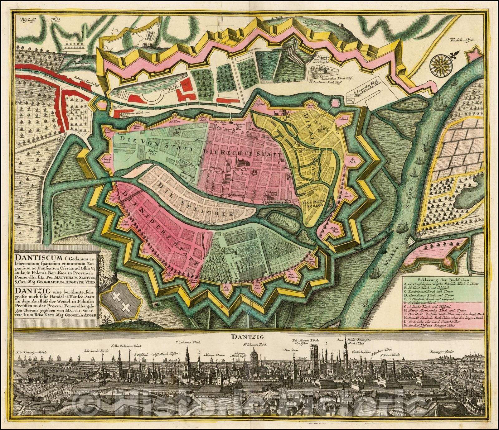 Historic Map - Dantiscum s. Gedanum celeberrimum, spatiosum et munitum Emporium ac Hanseatica Civitas/Seutter's Plan and birdseye View of Dantzig, 1730 - Vintage Wall Art