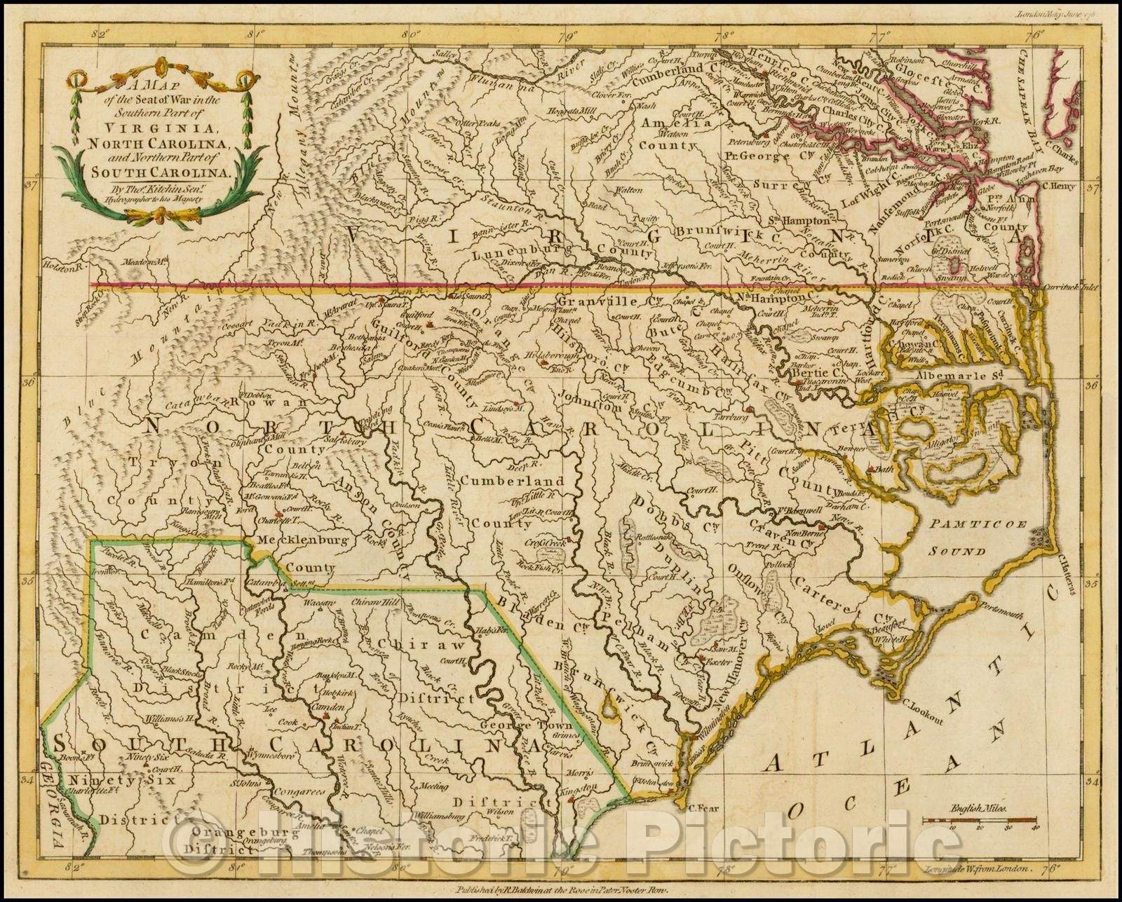 Historic Map - Seat of War in the Southern Part of Virginia, North Carolina and the Northern Part of South Carolina, 1781, Thomas Kitchin - Vintage Wall Art