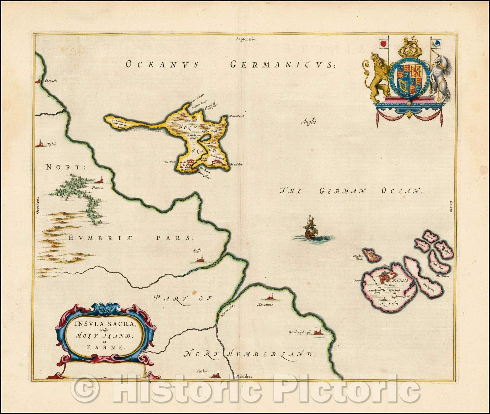 Historic Map - Insula Sacra; vulgo Holy Island et Farne/Blaeu's Map of Holy Island, heightened in Gold, 1662, Johannes Blaeu - Vintage Wall Art