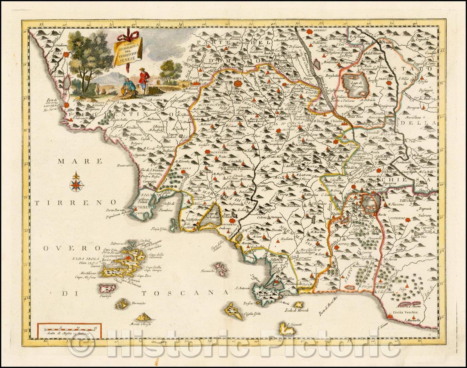 Historic Map - Carta Geografica Del Territorio Seneses (Siena) / Map of the Territory of Siena, with a cartouche, 1740, Giambattista Albrizzi - Vintage Wall Art