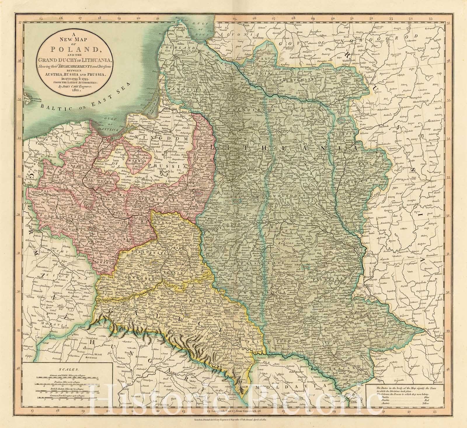 Historic Map - Poland, and the Grand Duchy of Lithuania, Shewing their Dismemberments and Divisions Between Austria, Russia and Prussia in 1772, 1793 an, 1811 - Vintage Wall Art