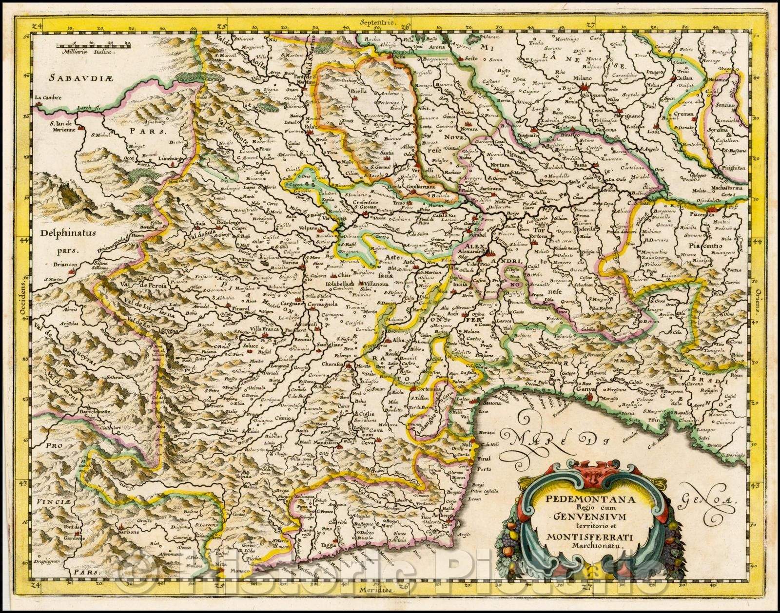 Historic Map - Pedemontana regio cum Genuensium territorio & Montisferrati Marchionatu, 1640, Matthaus Merian - Vintage Wall Art