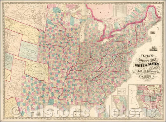 Historic Map - Lloyd's New County Map of the United States and Canadas showing Battle Fields, Railroads, 1863, Schonberg & Co. - Vintage Wall Art