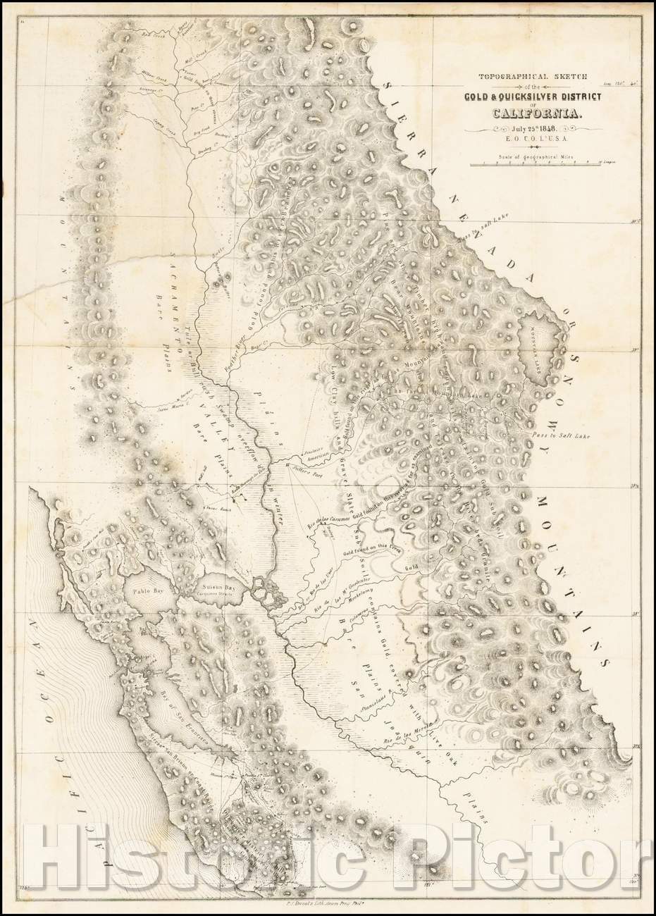 Historic Map - Topographical Sketch of the Gold & Quicksilver District of California July 25th 1848, 1848, Edward O.C. Ord v1