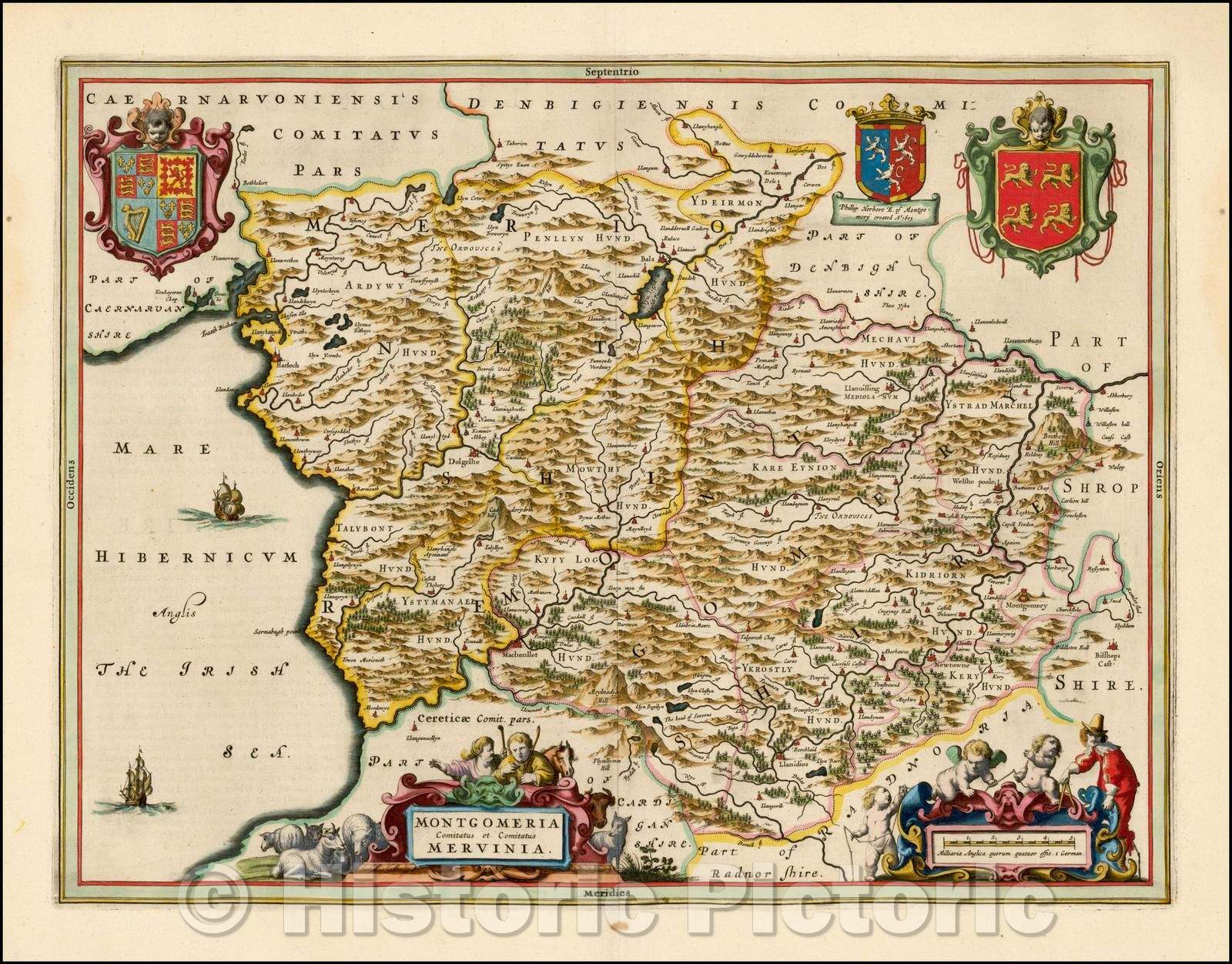 Historic Map - Montgomeria Comitatus et Comitatus Mervinia/Blaeu's Map of Montgomeryshire, 1662, Johannes Blaeu - Vintage Wall Art