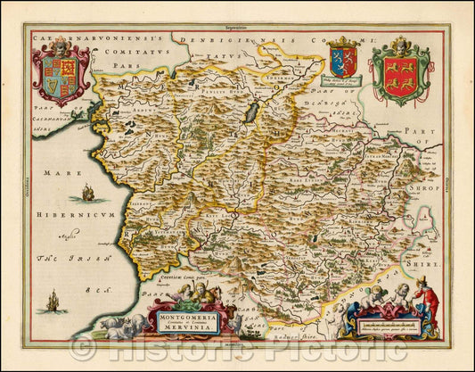 Historic Map - Montgomeria Comitatus et Comitatus Mervinia/Blaeu's Map of Montgomeryshire, 1662, Johannes Blaeu - Vintage Wall Art