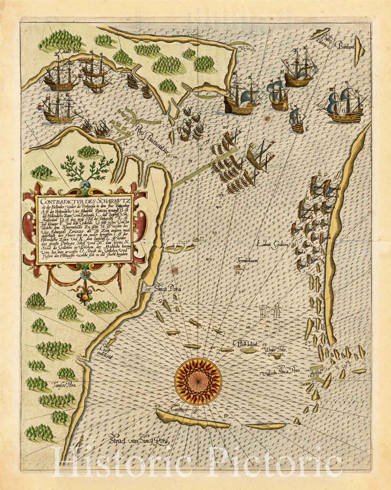 Historic Map - Contrafactur des Scharmutz els der Hollender wider die Port/Map of the Straits of Singapore, the first published Map of the Strait, 1607 - Vintage Wall Art