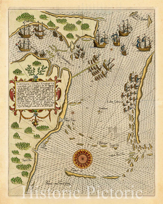 Historic Map - Contrafactur des Scharmutz els der Hollender wider die Port/Map of the Straits of Singapore, the first published Map of the Strait, 1607 - Vintage Wall Art