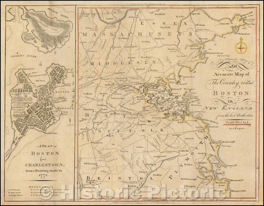 Historic Map - An Accurate Map of the Country round Boston in New England from the Best Authorities [on sheet with] A Plan of Boston and Charlestown, 1776 - Vintage Wall Art