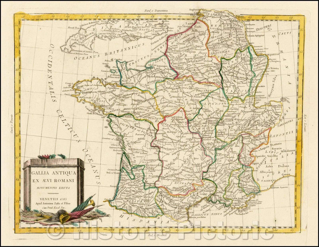 Historic Map - Gallia Antiqua Ex Aevi Romani Monumentis Eruta/Map of Ancient France, showing its various Regions under Roman times, 1785, Antonio Zatta - Vintage Wall Art