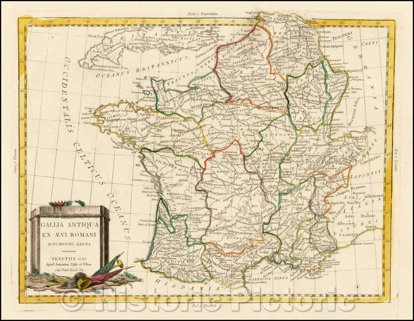 Historic Map - Gallia Antiqua Ex Aevi Romani Monumentis Eruta/Map of Ancient France, showing its various Regions under Roman times, 1785, Antonio Zatta - Vintage Wall Art