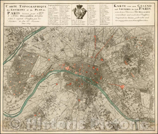 Historic Map - Carte Topographique des Environs & du Plan de Paris levee par Mr. l'Abee Delarive, 1739, Homann Heirs - Vintage Wall Art