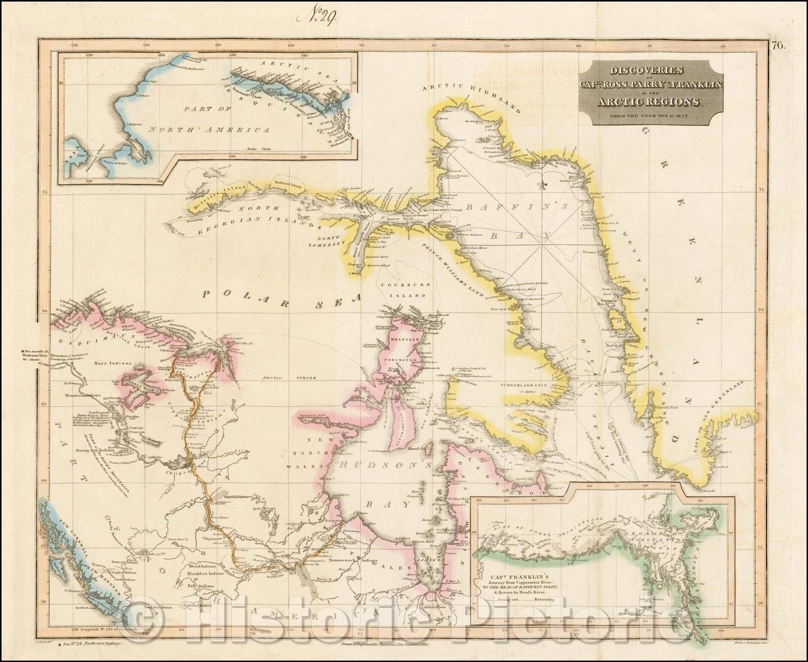Historic Map - Discoveries of Capts. Ross, Parry, Franklin in the Arctic Regions From 1818 to 1827, 1829, John Thomson - Vintage Wall Art