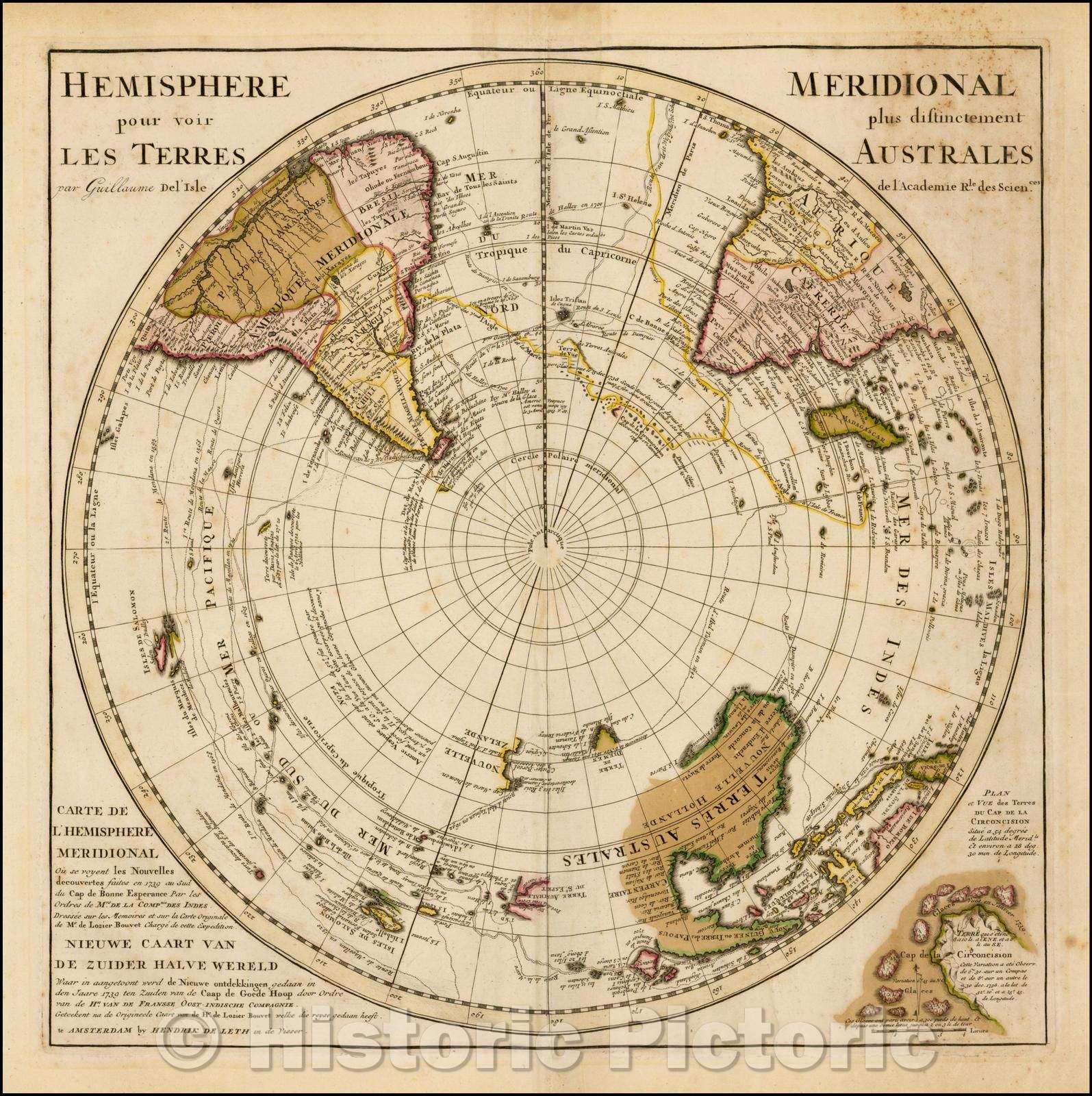 Historic Map - Hemisphere Meridional pour voir plus distinctement Les Terres Australes, 1740, Hendrick De Leth - Vintage Wall Art