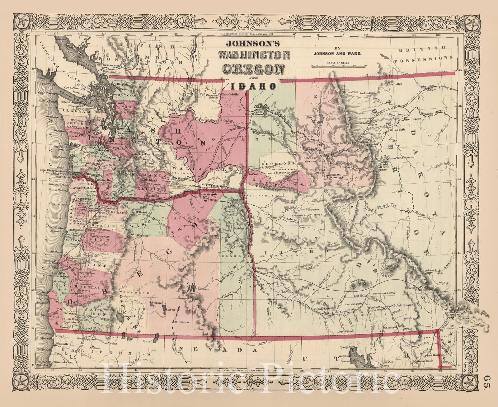 Historic Map - Johnson's Washington Oregon and Idaho [Rare 1st Edition with Massive Idaho Territory!], 1863, Benjamin Ward - Vintage Wall Art