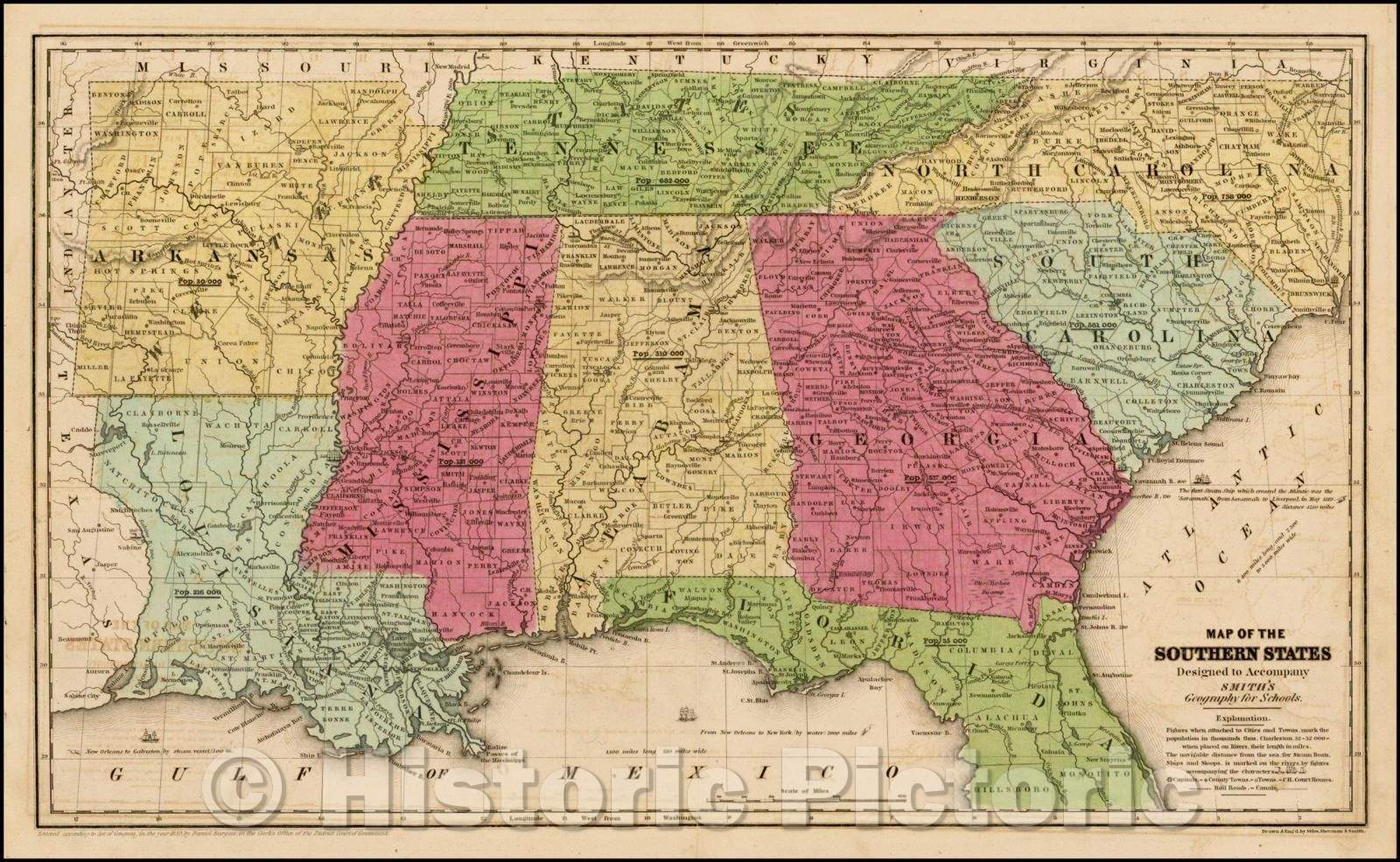 Historic Map - Map of the Southern States, 1839, Daniel Burgess - Vintage Wall Art