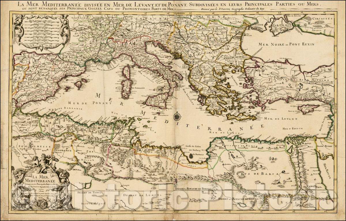 Historic Map - La Mer Mediterranee Divisee en Mer De Levant Et De Poinantg Subdivisees En Leur Princpales Parties our Mare, 1692, Alexis-Hubert Jaillot - Vintage Wall Art