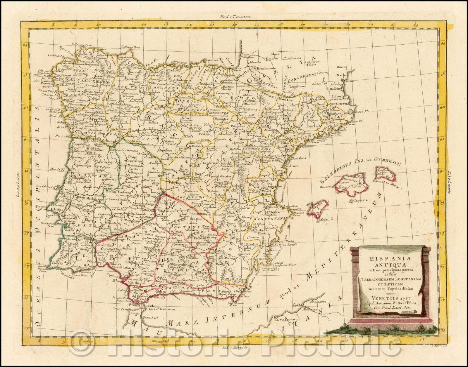 Historic Map - Hispania Antiqua in tres praecipuas partes scilicet Tarraconen sem Lusitaniam et Baeticam :: Iberian Peninsula and the Balearic Isles, 1785 - Vintage Wall Art