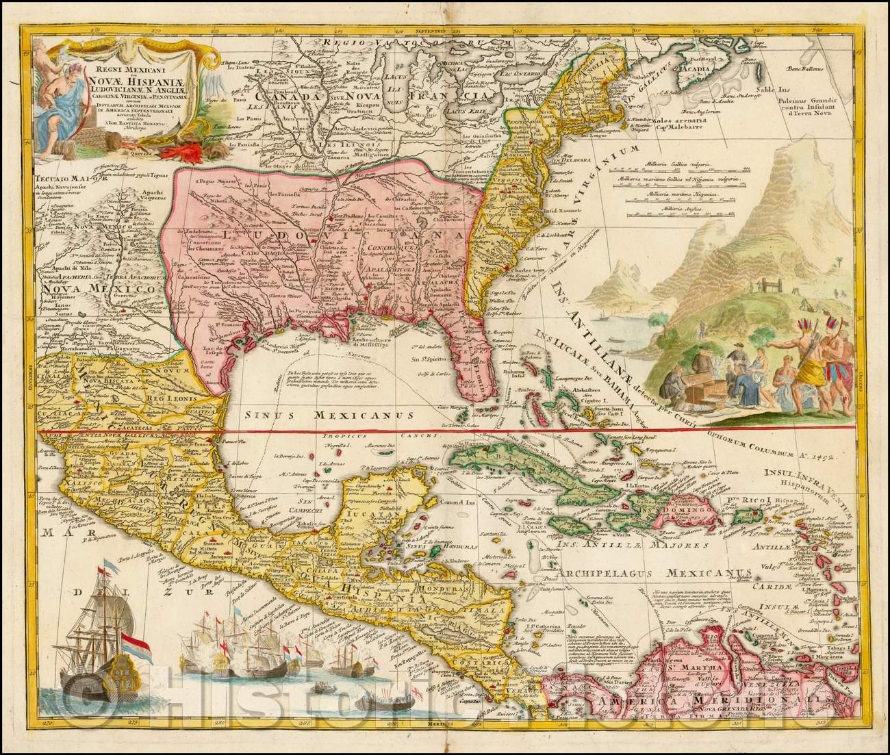 Historic Map - Regni Mexicani seu Novae Hispaniae, Floridae, Novae Angliae, Carolinae, Virginiae, 1720, Johann Baptist Homann v4
