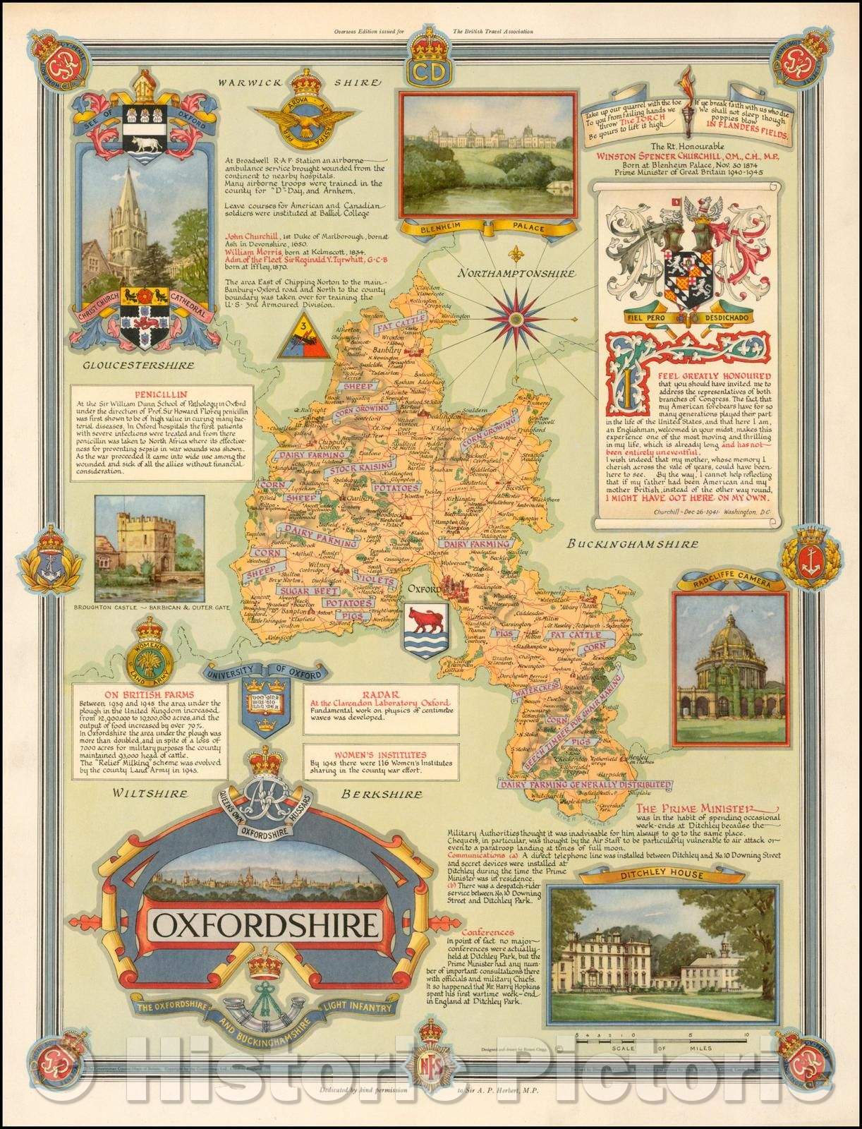 Historic Map - Oxfordshire, 1947, Ernest Clegg - Vintage Wall Art