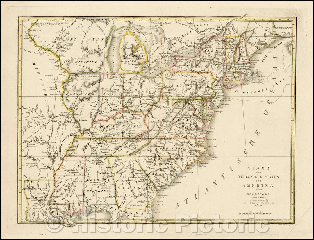 Historic Map - Kaart der Vereenigde Staten von Amerika naar Mellishes/Dutch edition of John Melish's Map of the United States, 1820, Ervan F. Bohn - Vintage Wall Art