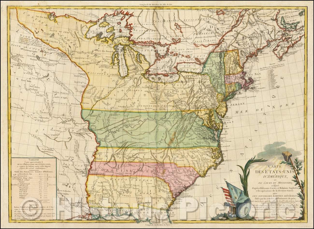 Historic Map - Carte des Etats-Unis d'Amerique et du Cours du Mississipi; Redigee d'apres Differentes Cartes et Relations Anglaises, 1784, Louis Brion de la Tour - Vintage Wall Art